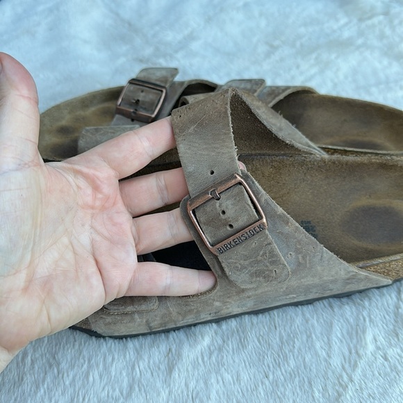 Birkenstock Arizona Suede Leather Taupe Green Two Strap Sandals Size 43 Mens 10 - Picture 6 of 11